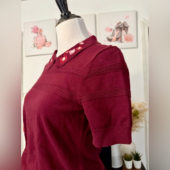🍒CeCe Burgundy Embroidered Peter Pan Collar Knit Top - Picture 4 of 7